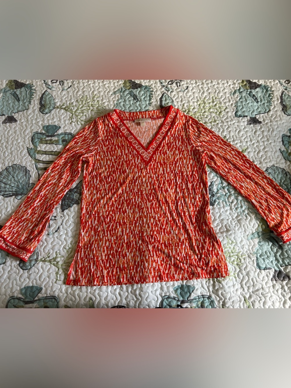 Michael Kors Red/orange Multi V-Neck Long Sleeve Top